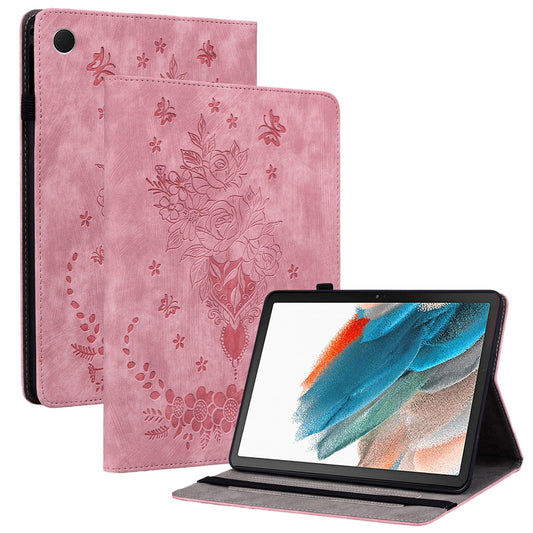 For Samsung Galaxy Tab A9 PU Leather Cover Butterfly Rose Imprint Card Holder Tablet Case