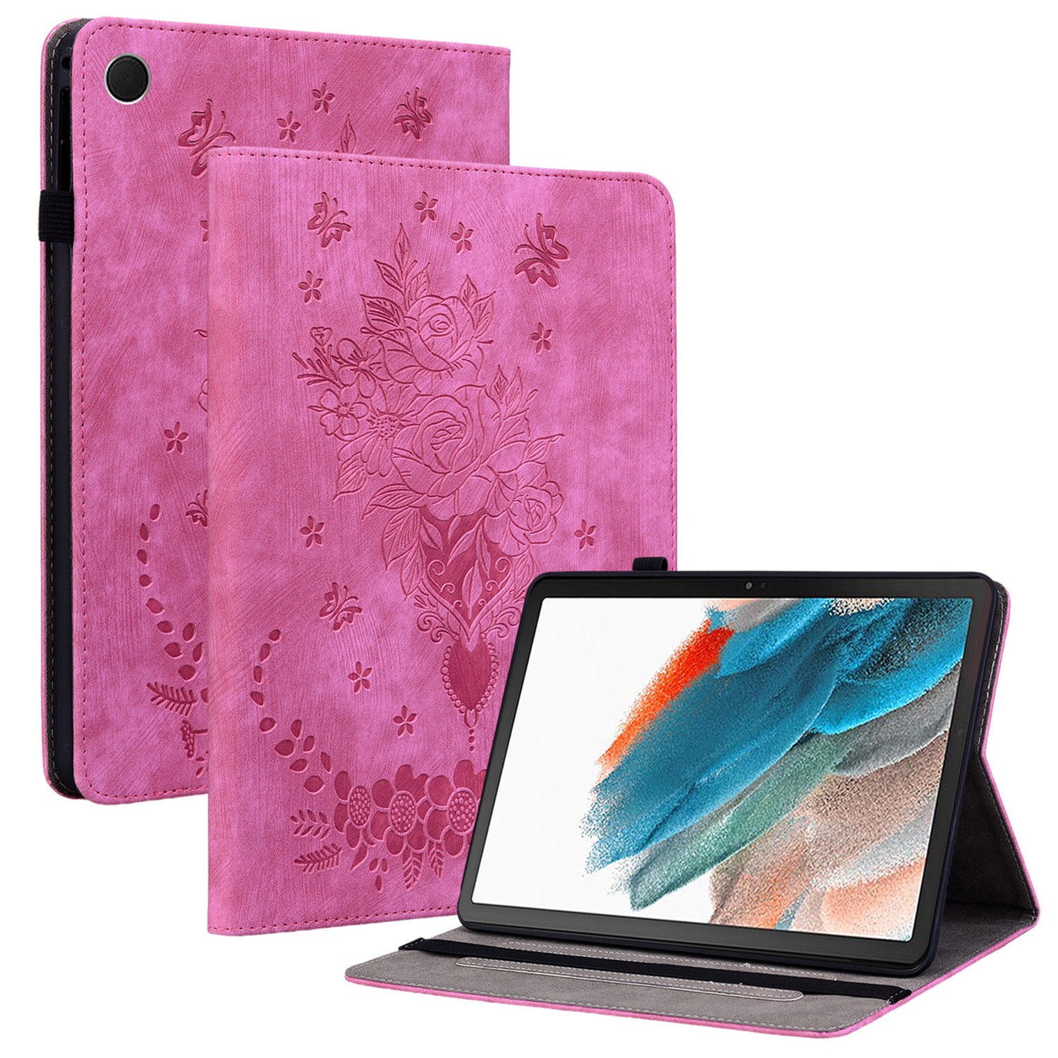 For Samsung Galaxy Tab A9 PU Leather Cover Butterfly Rose Imprint Card Holder Tablet Case