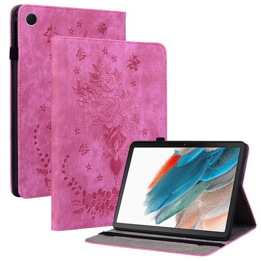 For Samsung Galaxy Tab A9 PU Leather Cover Butterfly Rose Imprint Card Holder Tablet Case