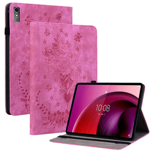 For Lenovo Tab M10 5G Leather Cover Butterfly Rose Imprinted Tablet Stand Case