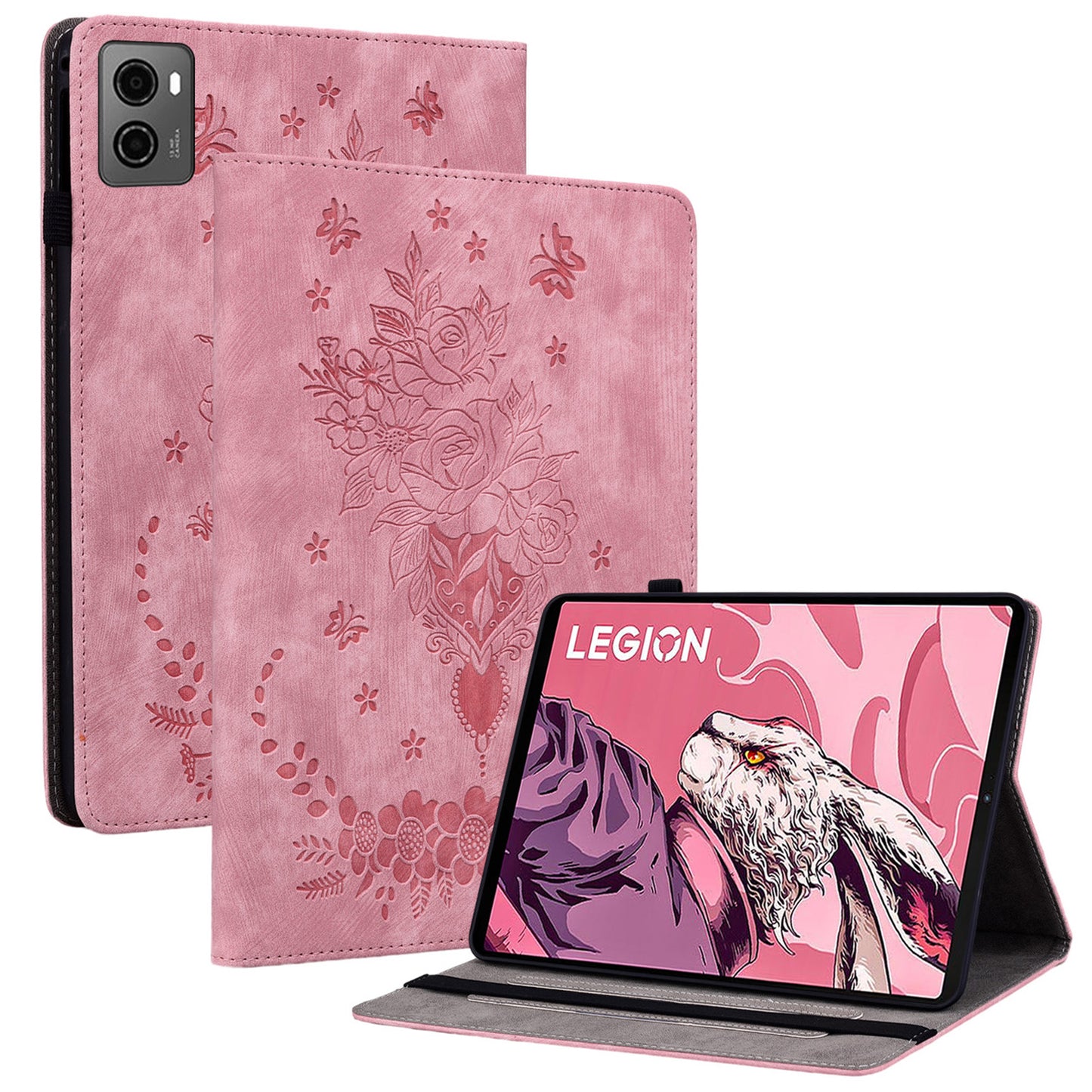 For Lenovo Legion Y700 (2023) Leather Case Butterfly Rose Imprint Card Slots Tablet Cover