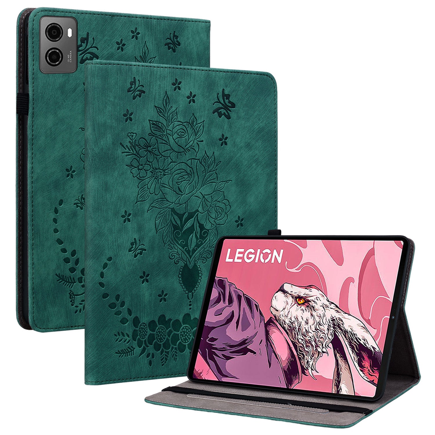 For Lenovo Legion Y700 (2023) Leather Case Butterfly Rose Imprint Card Slots Tablet Cover