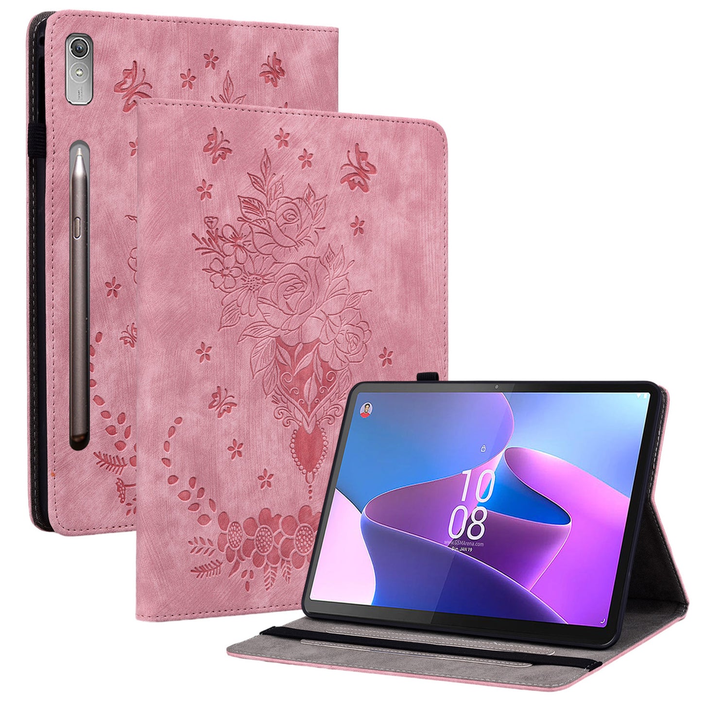 For Lenovo Tab P12 Tablet Cover PU Leather Card Holder Butterfly Rose Imprinted Case
