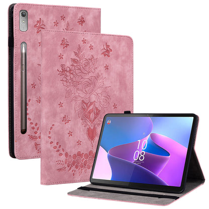 For Lenovo Tab P12 Tablet Cover PU Leather Card Holder Butterfly Rose Imprinted Case