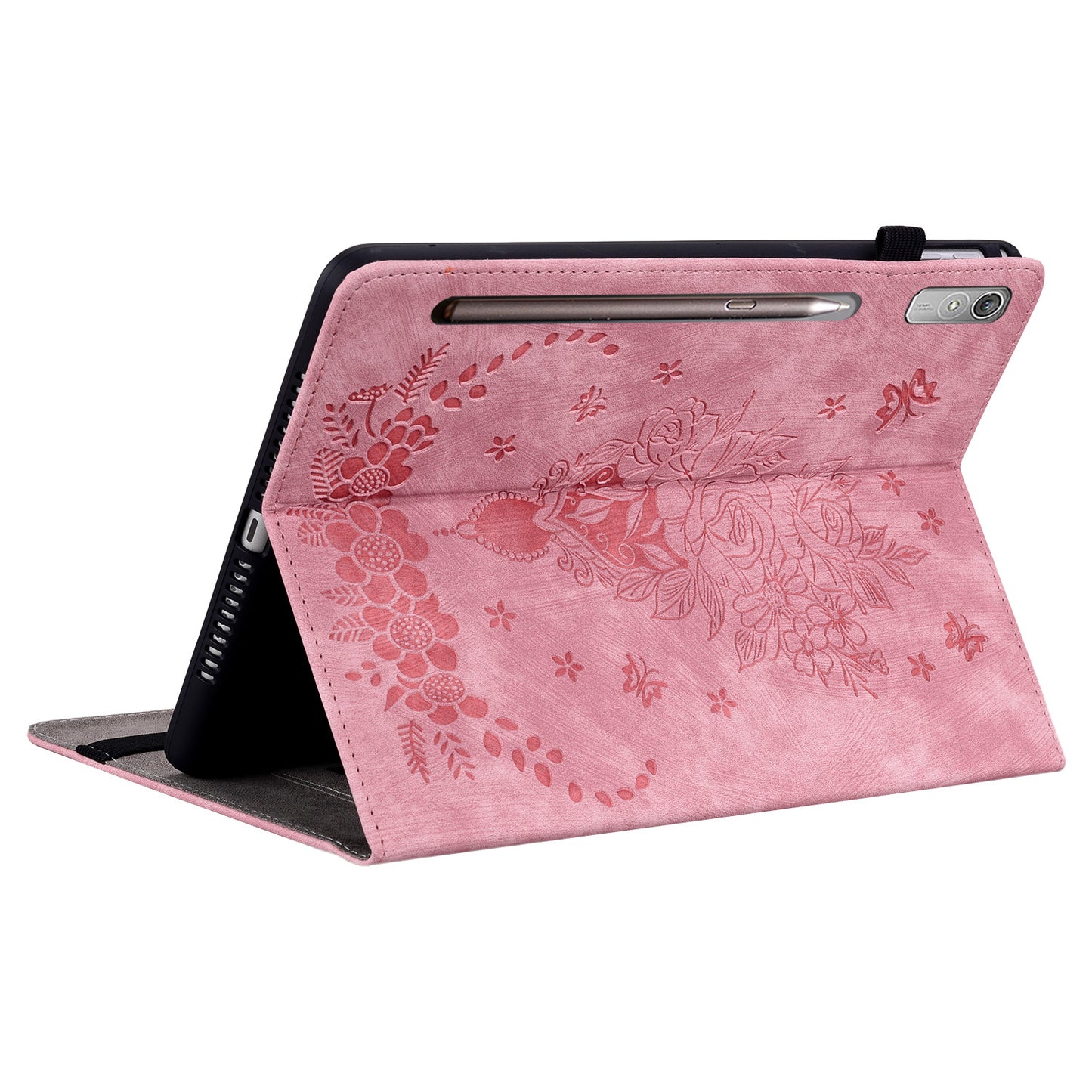 For Lenovo Tab P12 Tablet Cover PU Leather Card Holder Butterfly Rose Imprinted Case