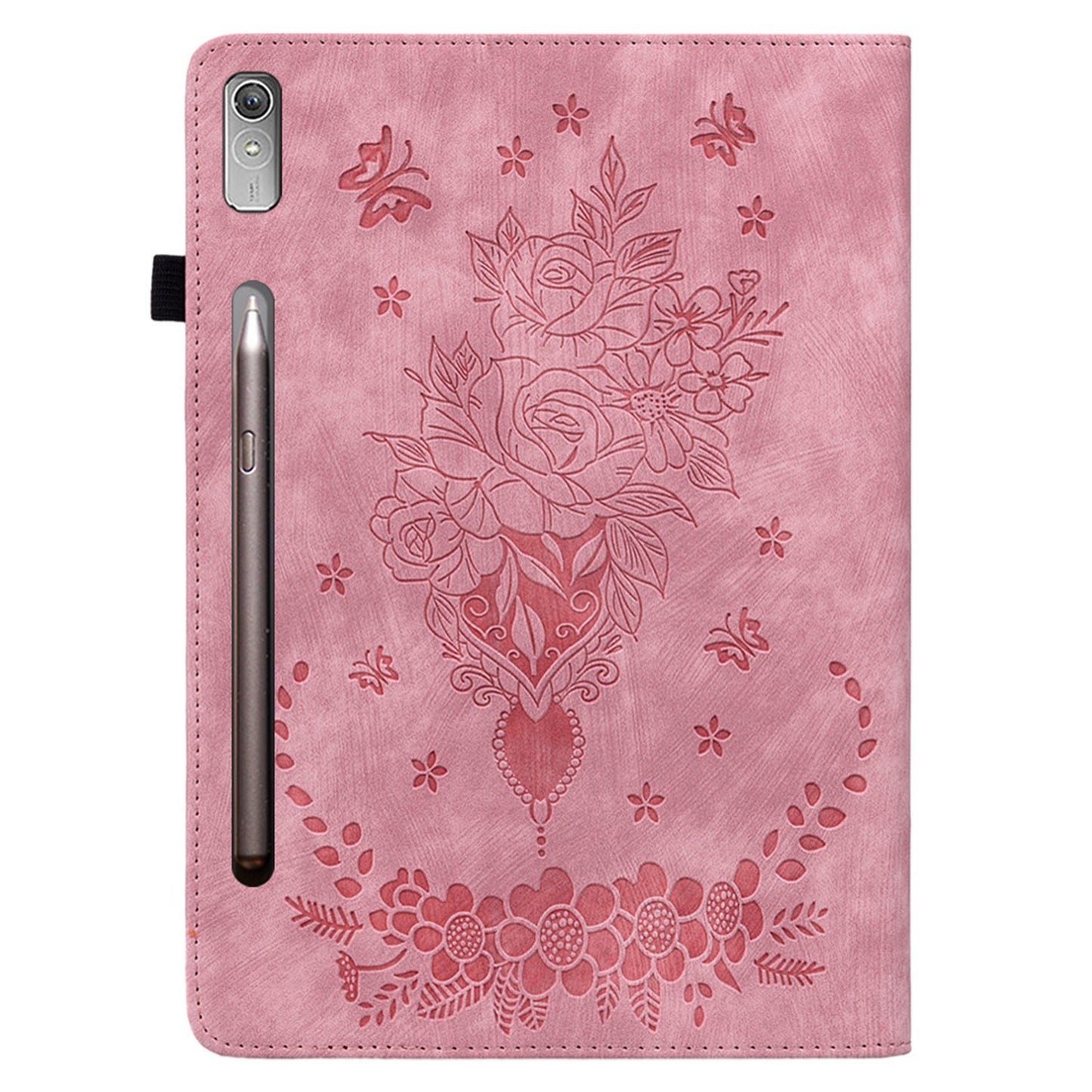 For Lenovo Tab P12 Tablet Cover PU Leather Card Holder Butterfly Rose Imprinted Case