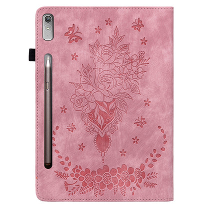 For Lenovo Tab P12 Tablet Cover PU Leather Card Holder Butterfly Rose Imprinted Case