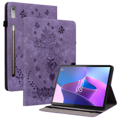 For Lenovo Tab P12 Tablet Cover PU Leather Card Holder Butterfly Rose Imprinted Case