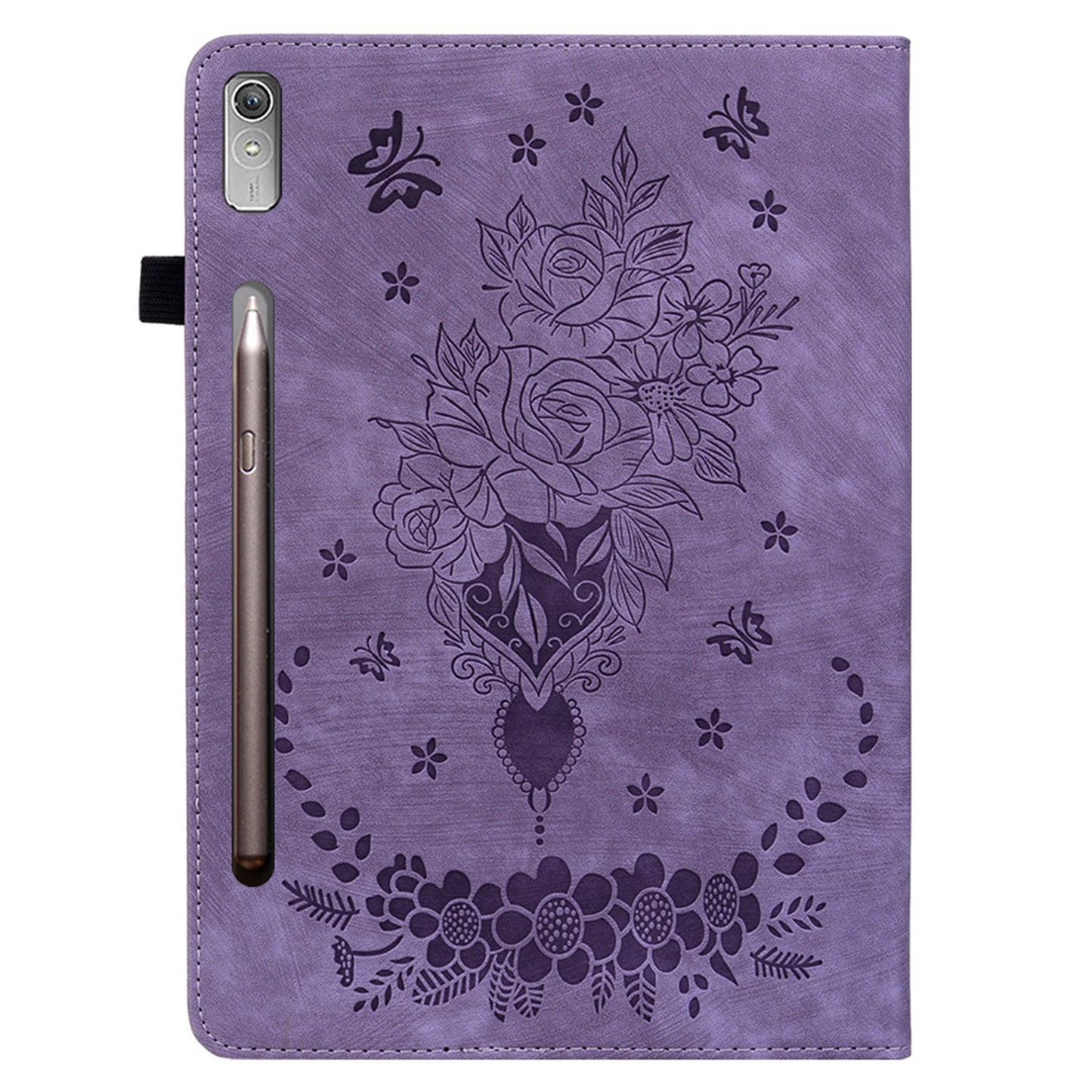 For Lenovo Tab P12 Tablet Cover PU Leather Card Holder Butterfly Rose Imprinted Case
