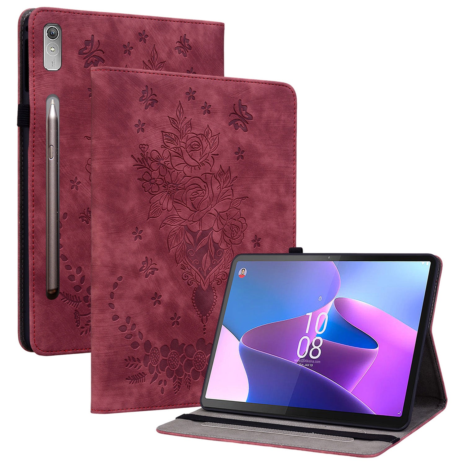 For Lenovo Tab P12 Tablet Cover PU Leather Card Holder Butterfly Rose Imprinted Case