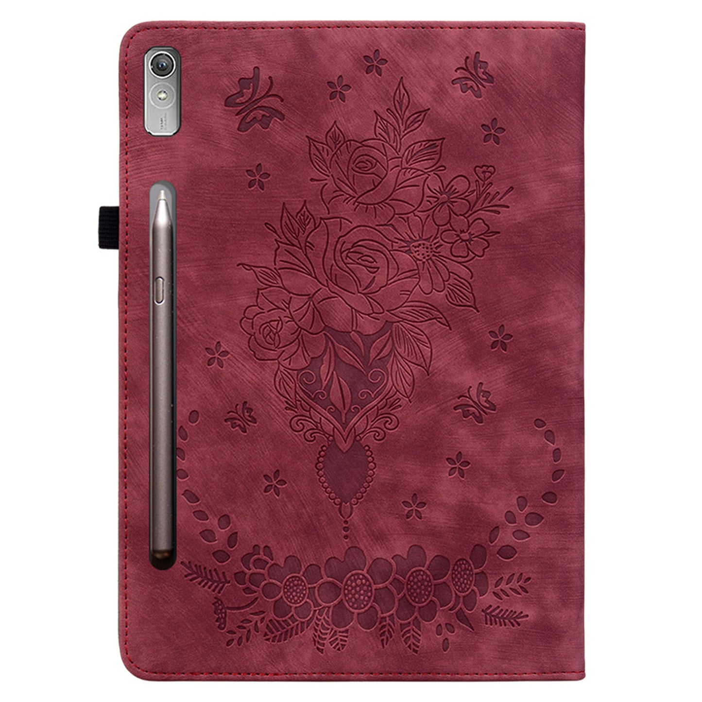 For Lenovo Tab P12 Tablet Cover PU Leather Card Holder Butterfly Rose Imprinted Case