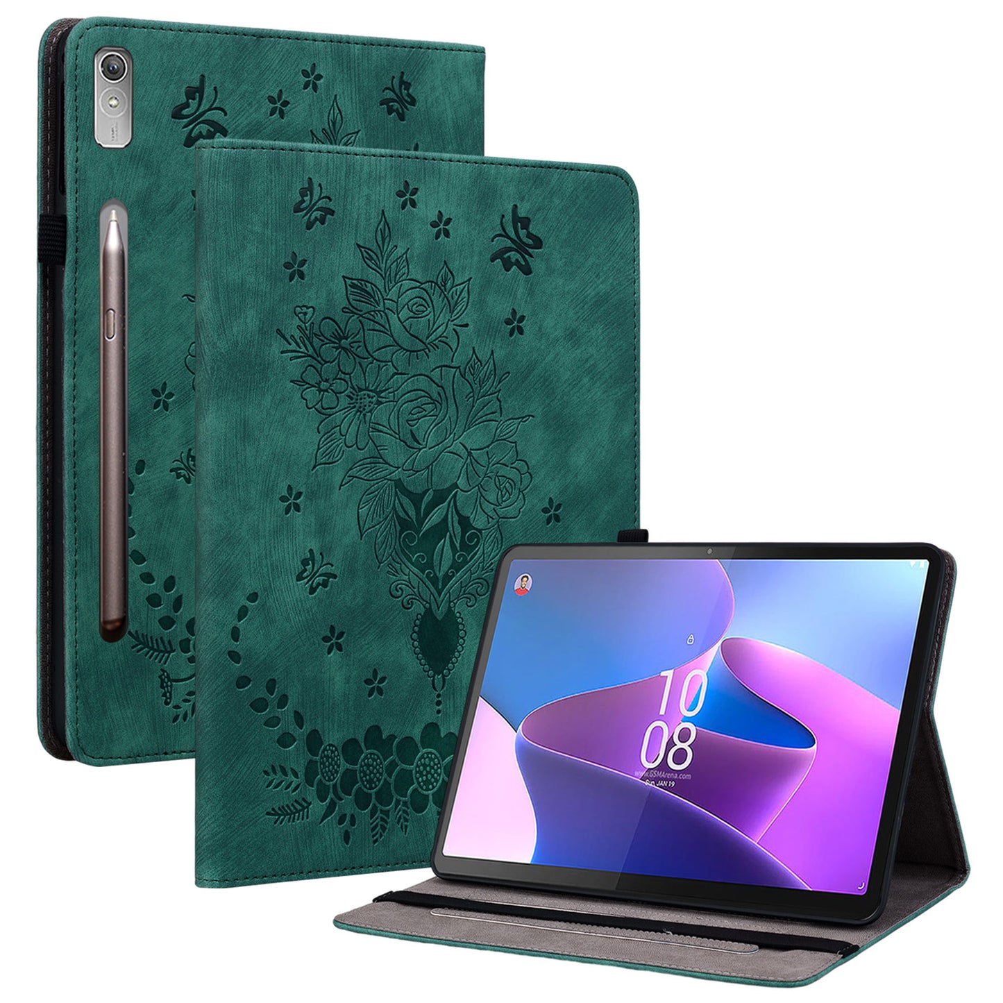 For Lenovo Tab P12 Tablet Cover PU Leather Card Holder Butterfly Rose Imprinted Case