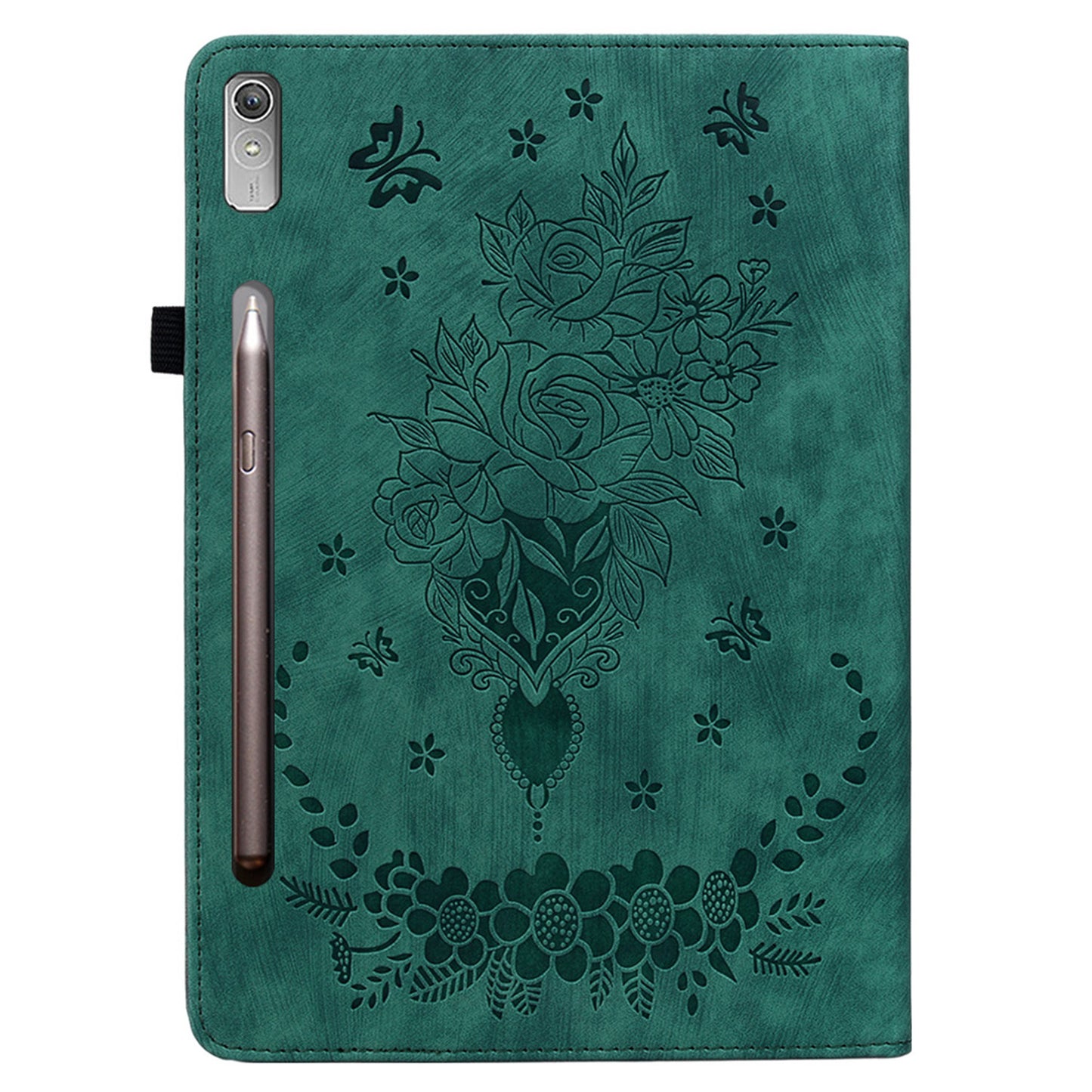 For Lenovo Tab P12 Tablet Cover PU Leather Card Holder Butterfly Rose Imprinted Case