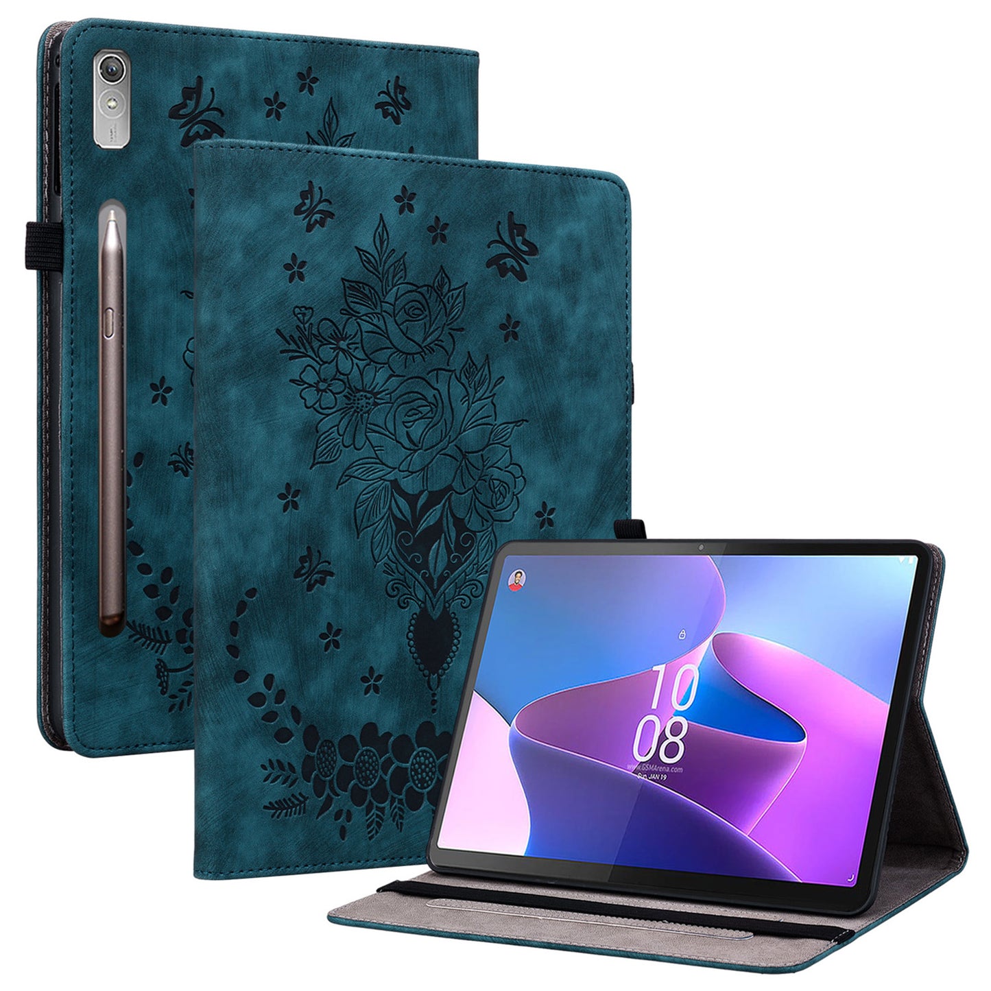 For Lenovo Tab P12 Tablet Cover PU Leather Card Holder Butterfly Rose Imprinted Case