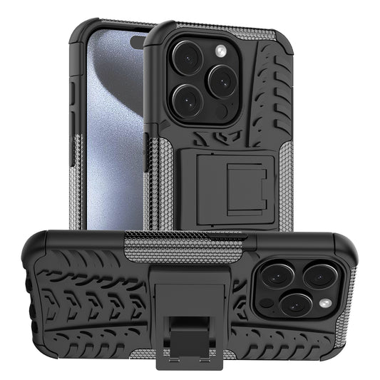 For iPhone 15 Pro PC+TPU Phone Case Tire Texture Anti-Slip Kickstand Cover