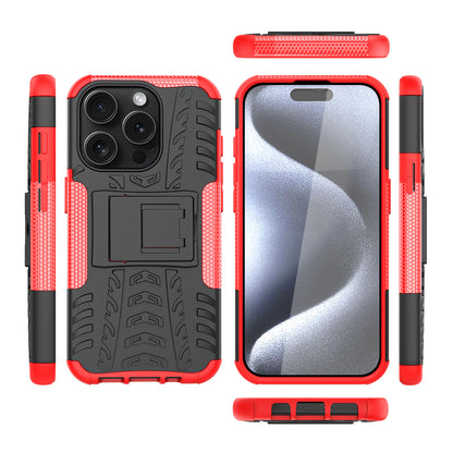 For iPhone 15 Pro PC+TPU Phone Case Tire Texture Anti-Slip Kickstand Cover