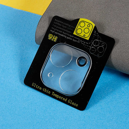 For iPhone 15 / 15 Plus Anti-scratch Tempered Glass Lens Film Silk Printing Camera Lens Protector with Bottom Plate
