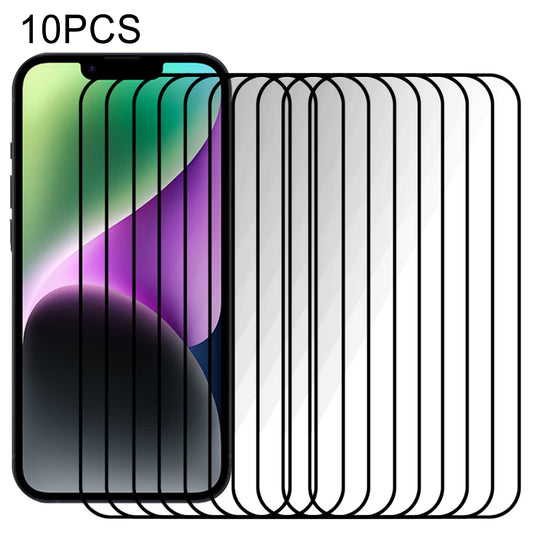 10Pcs Full Glue Full Screen Protector for iPhone 15 Plus , Silk Printing Black Edge Tempered Glass Phone Screen Film