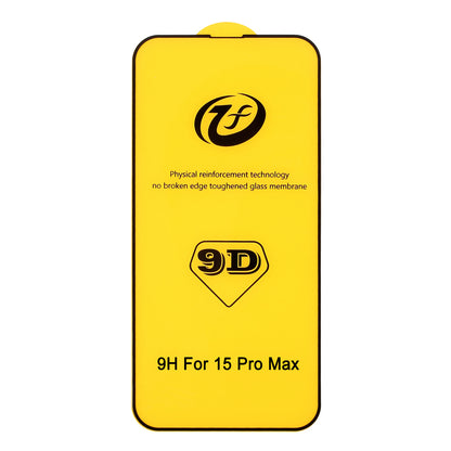 For iPhone 15 Pro Max Silk Printing Black Edge Full Screen Protector 9D Tempered Glass Full Glue Film