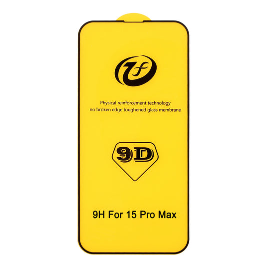 For iPhone 15 Pro Max Silk Printing Black Edge Full Screen Protector 9D Tempered Glass Full Glue Film