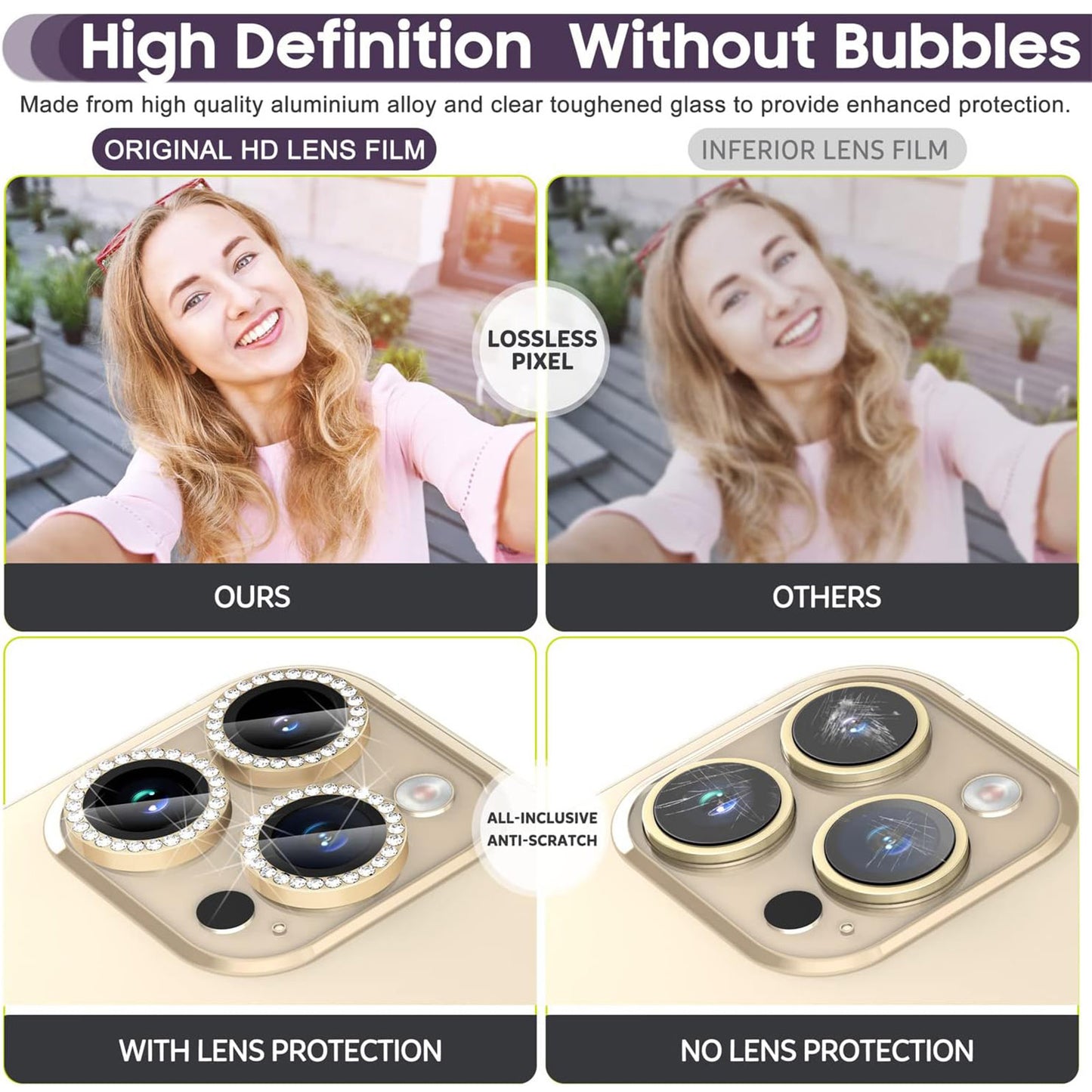 For iPhone 15 Pro / 15 Pro Max Camera Lens Protector Set Metal Rhinestone Ring Tempered Glass Lens Film