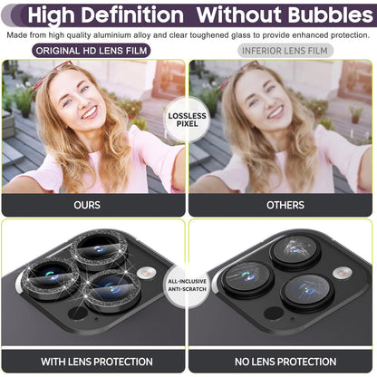 For iPhone 15 Pro / 15 Pro Max Ring Circle Lens Film Set Glitter Metal+Tempered Glass Camera Lens Protector