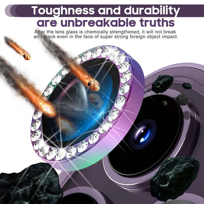 For iPhone 15 Pro / 15 Pro Max Rhinestone Camera Lens Protector Set Tempered Glass+Colorful Metal Ring Lens Film