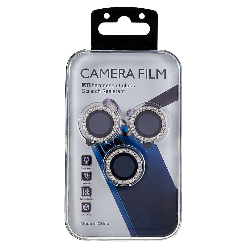 For iPhone 15 Pro / 15 Pro Max Camera Lens Protector Rhinestone Metal Frame + Tempered Glass Rear Lens Film