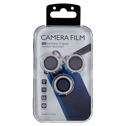 For iPhone 15 Pro / 15 Pro Max Camera Lens Protector Rhinestone Metal Frame + Tempered Glass Rear Lens Film
