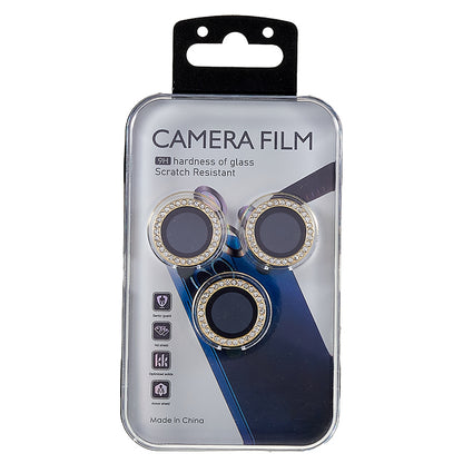 For iPhone 15 Pro / 15 Pro Max Camera Lens Protector Rhinestone Metal Frame + Tempered Glass Rear Lens Film