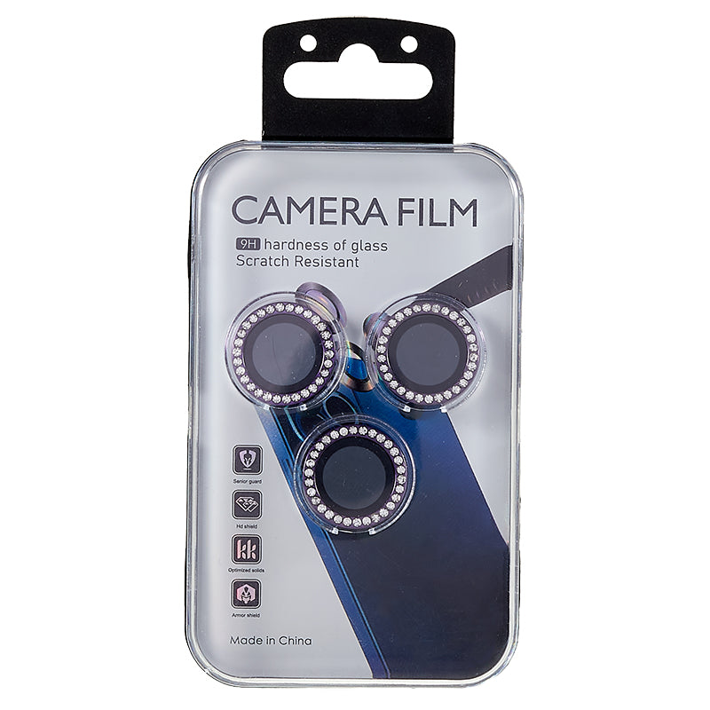 For iPhone 15 Pro / 15 Pro Max Camera Lens Protector Rhinestone Metal Frame + Tempered Glass Rear Lens Film
