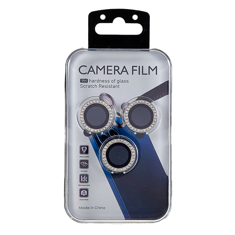 For iPhone 15 Pro / 15 Pro Max Camera Lens Protector Rhinestone Metal Frame + Tempered Glass Rear Lens Film