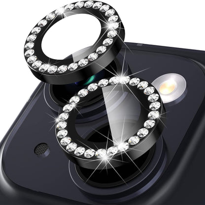 For iPhone 15 / 15 Plus Rhinestone Decor Camera Lens Protector Set Tempered Glass+Metal Ring Cover Lens Film