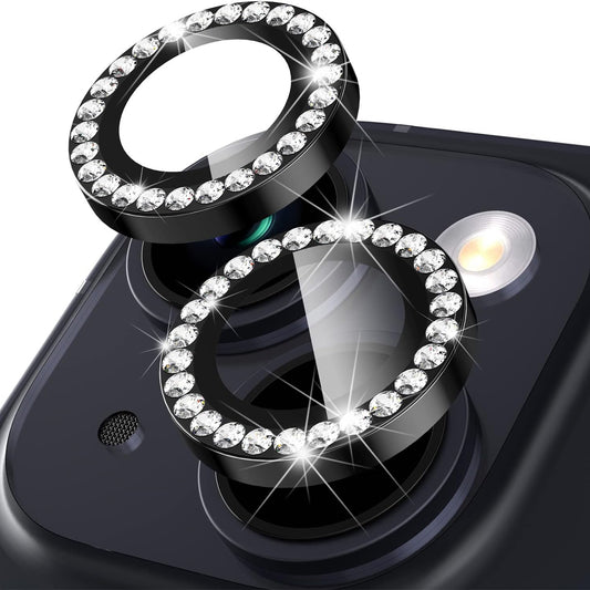 For iPhone 15 / 15 Plus Rhinestone Decor Camera Lens Protector Set Tempered Glass+Metal Ring Cover Lens Film