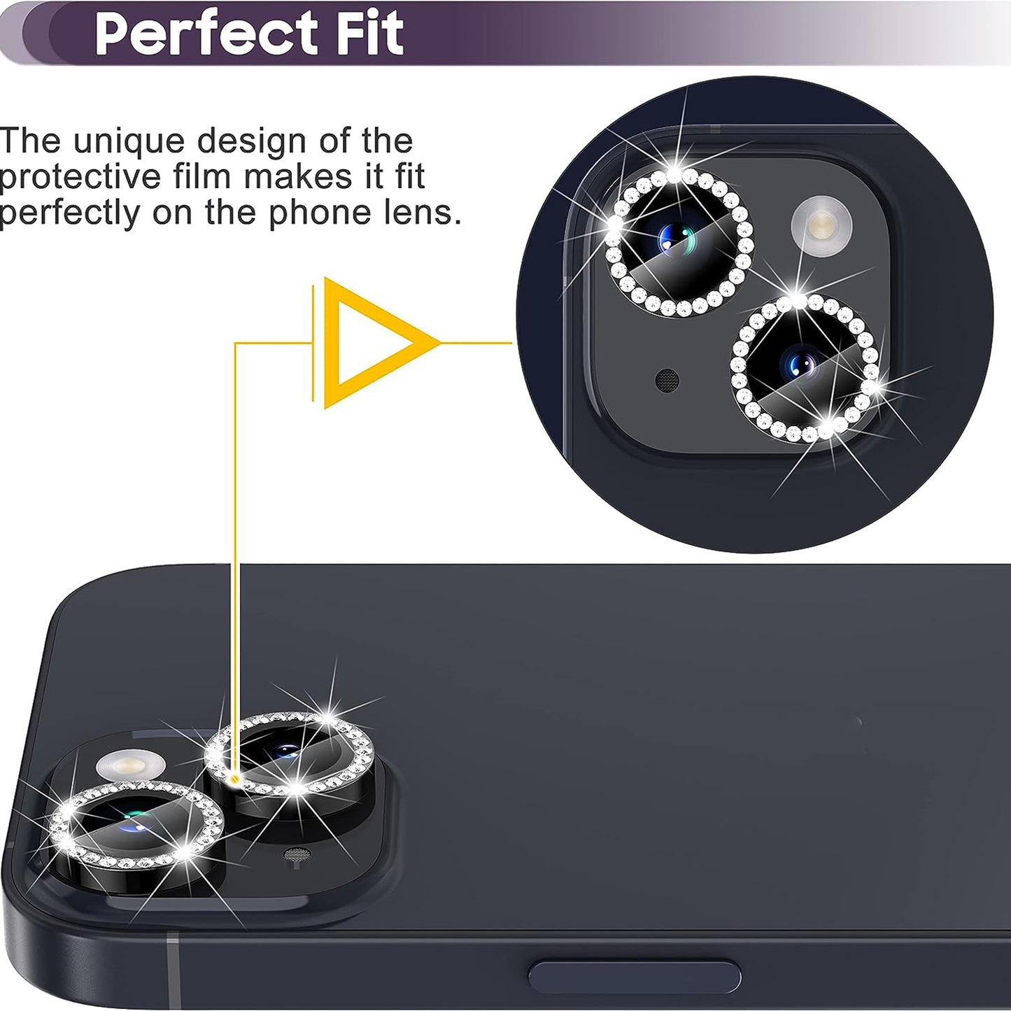 For iPhone 15 / 15 Plus Rhinestone Decor Camera Lens Protector Set Tempered Glass+Metal Ring Cover Lens Film