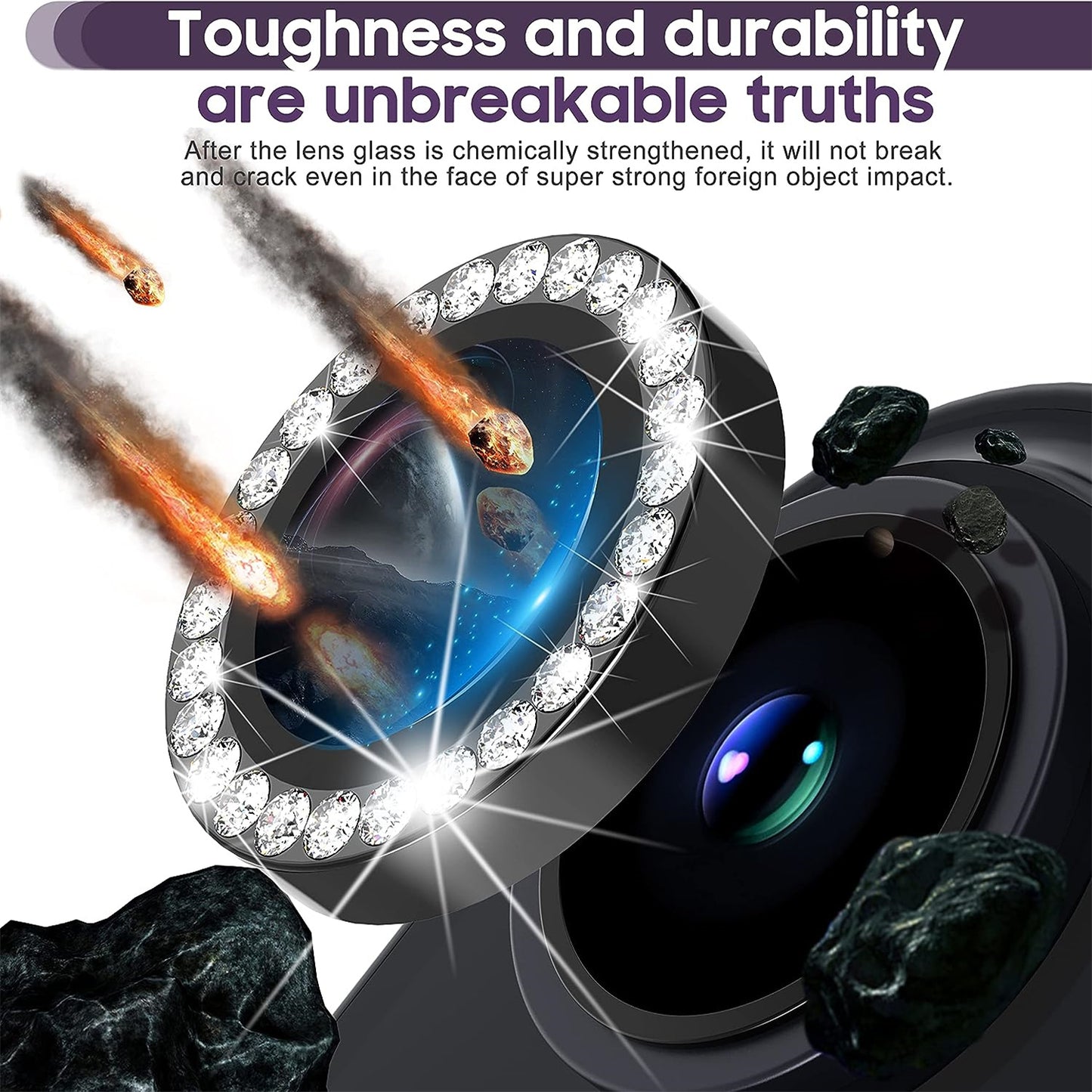 For iPhone 15 / 15 Plus Rhinestone Decor Camera Lens Protector Set Tempered Glass+Metal Ring Cover Lens Film