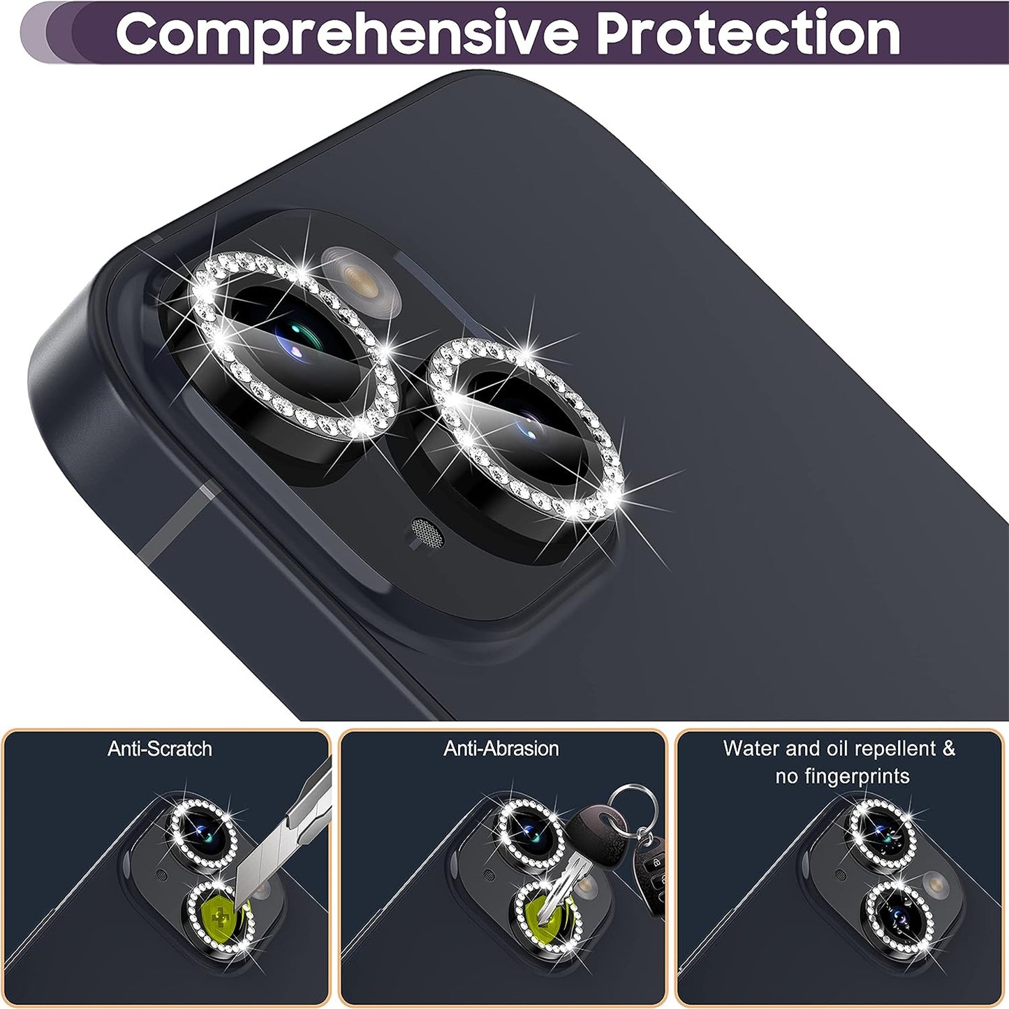 For iPhone 15 / 15 Plus Rhinestone Decor Camera Lens Protector Set Tempered Glass+Metal Ring Cover Lens Film