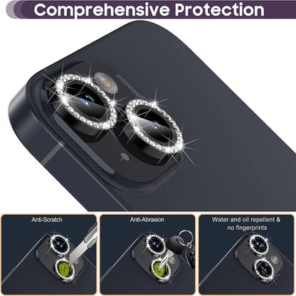 For iPhone 15 / 15 Plus Rhinestone Decor Camera Lens Protector Set Tempered Glass+Metal Ring Cover Lens Film