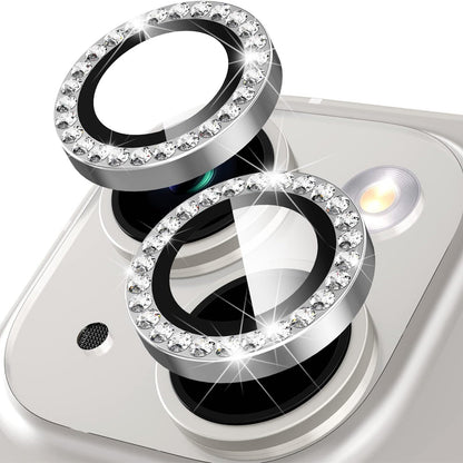 For iPhone 15 / 15 Plus Rhinestone Decor Camera Lens Protector Set Tempered Glass+Metal Ring Cover Lens Film