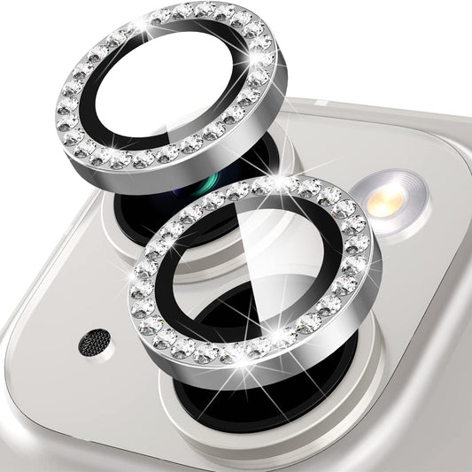 For iPhone 15 / 15 Plus Rhinestone Decor Camera Lens Protector Set Tempered Glass+Metal Ring Cover Lens Film