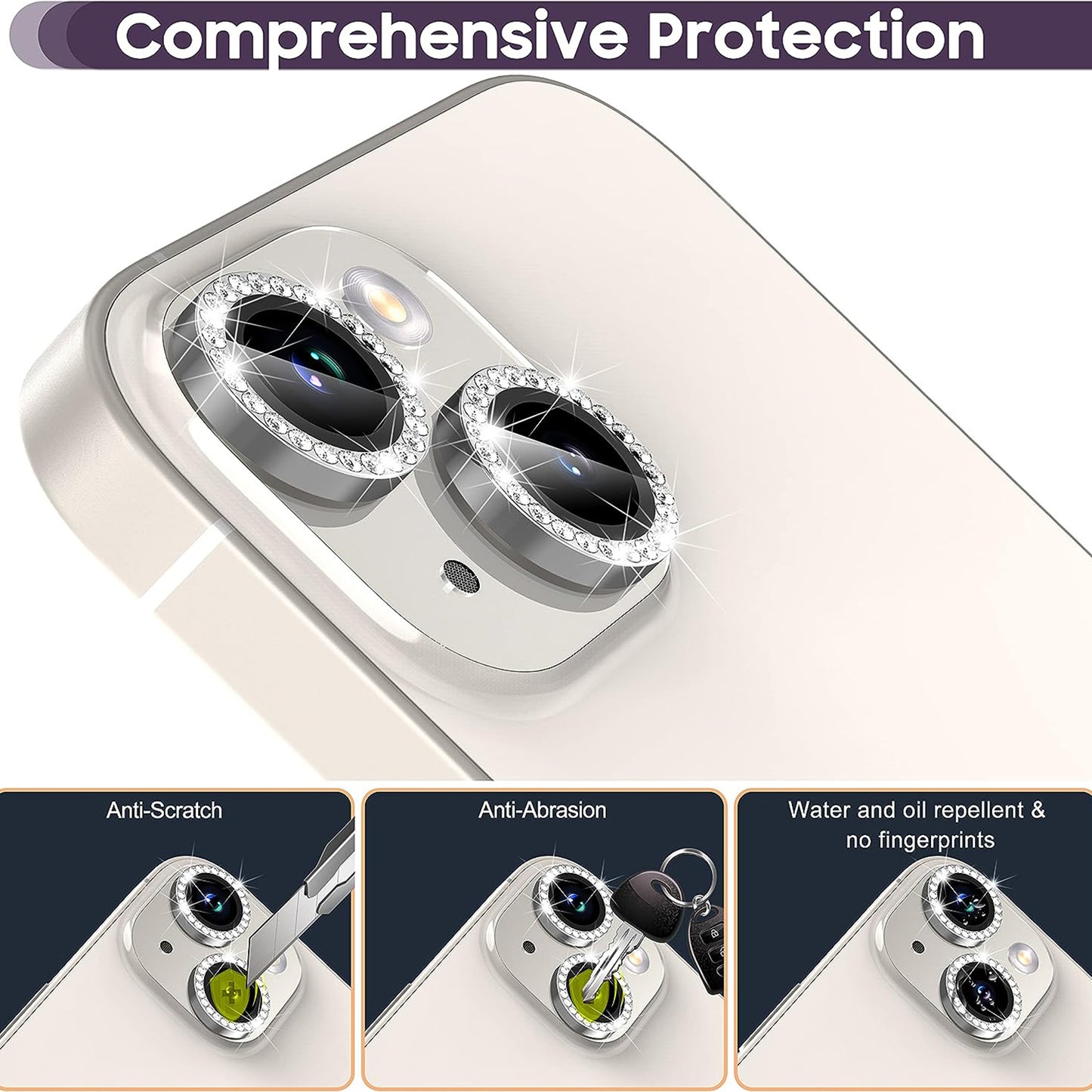 For iPhone 15 / 15 Plus Rhinestone Decor Camera Lens Protector Set Tempered Glass+Metal Ring Cover Lens Film
