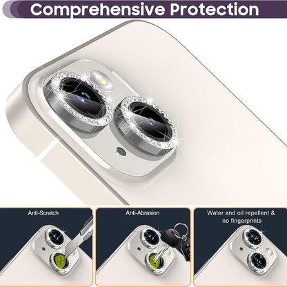 For iPhone 15 / 15 Plus Rhinestone Decor Camera Lens Protector Set Tempered Glass+Metal Ring Cover Lens Film