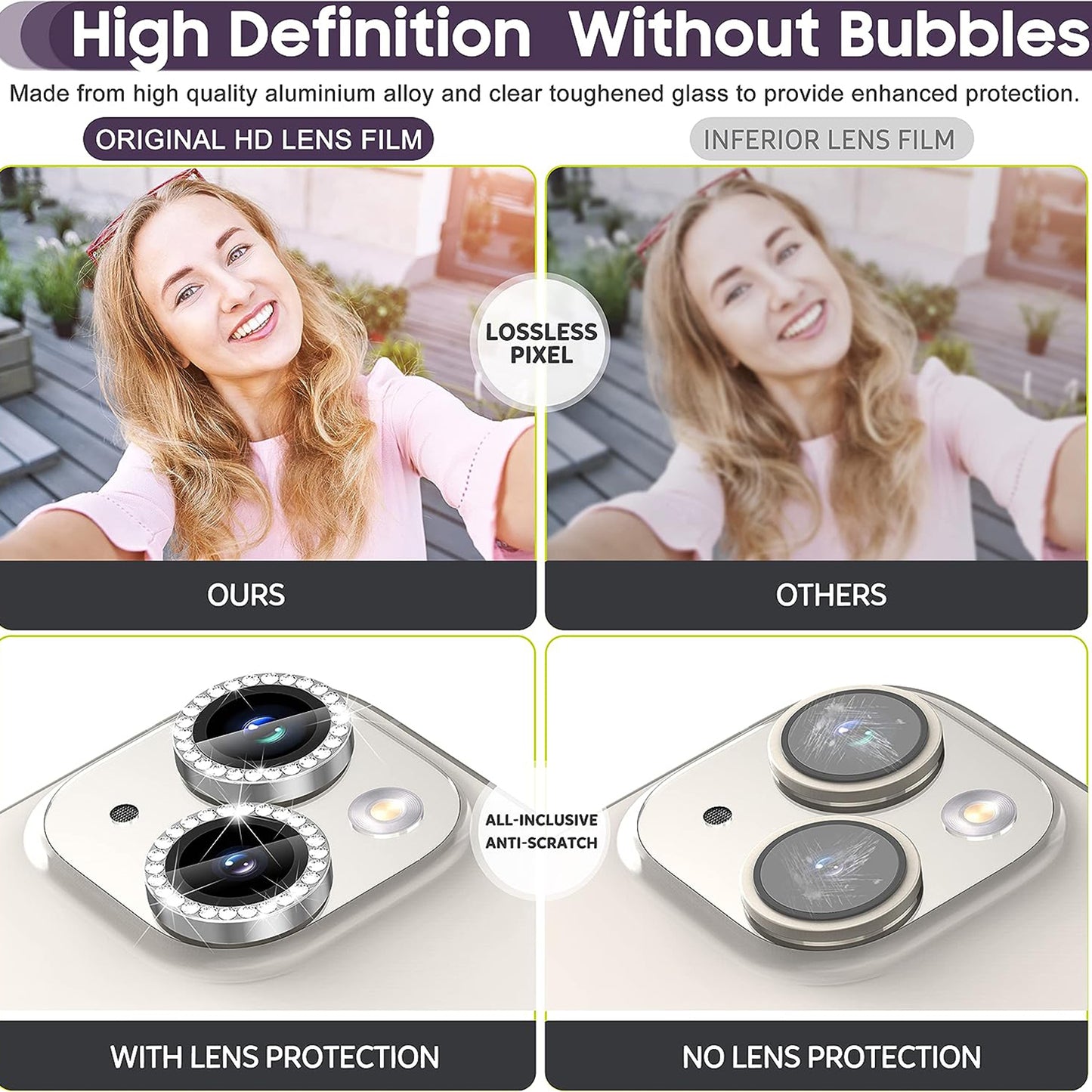 For iPhone 15 / 15 Plus Rhinestone Decor Camera Lens Protector Set Tempered Glass+Metal Ring Cover Lens Film