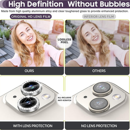 For iPhone 15 / 15 Plus Rhinestone Decor Camera Lens Protector Set Tempered Glass+Metal Ring Cover Lens Film