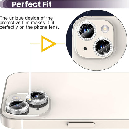 For iPhone 15 / 15 Plus Rhinestone Decor Camera Lens Protector Set Tempered Glass+Metal Ring Cover Lens Film