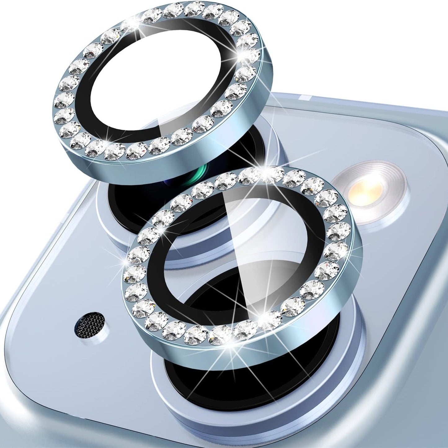 For iPhone 15 / 15 Plus Rhinestone Decor Camera Lens Protector Set Tempered Glass+Metal Ring Cover Lens Film