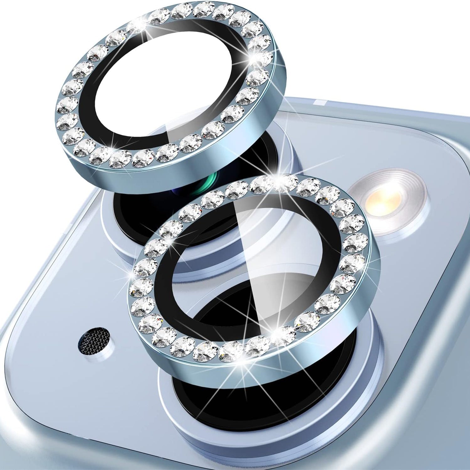 For iPhone 15 / 15 Plus Rhinestone Decor Camera Lens Protector Set Tempered Glass+Metal Ring Cover Lens Film