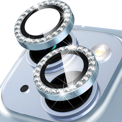 For iPhone 15 / 15 Plus Rhinestone Decor Camera Lens Protector Set Tempered Glass+Metal Ring Cover Lens Film