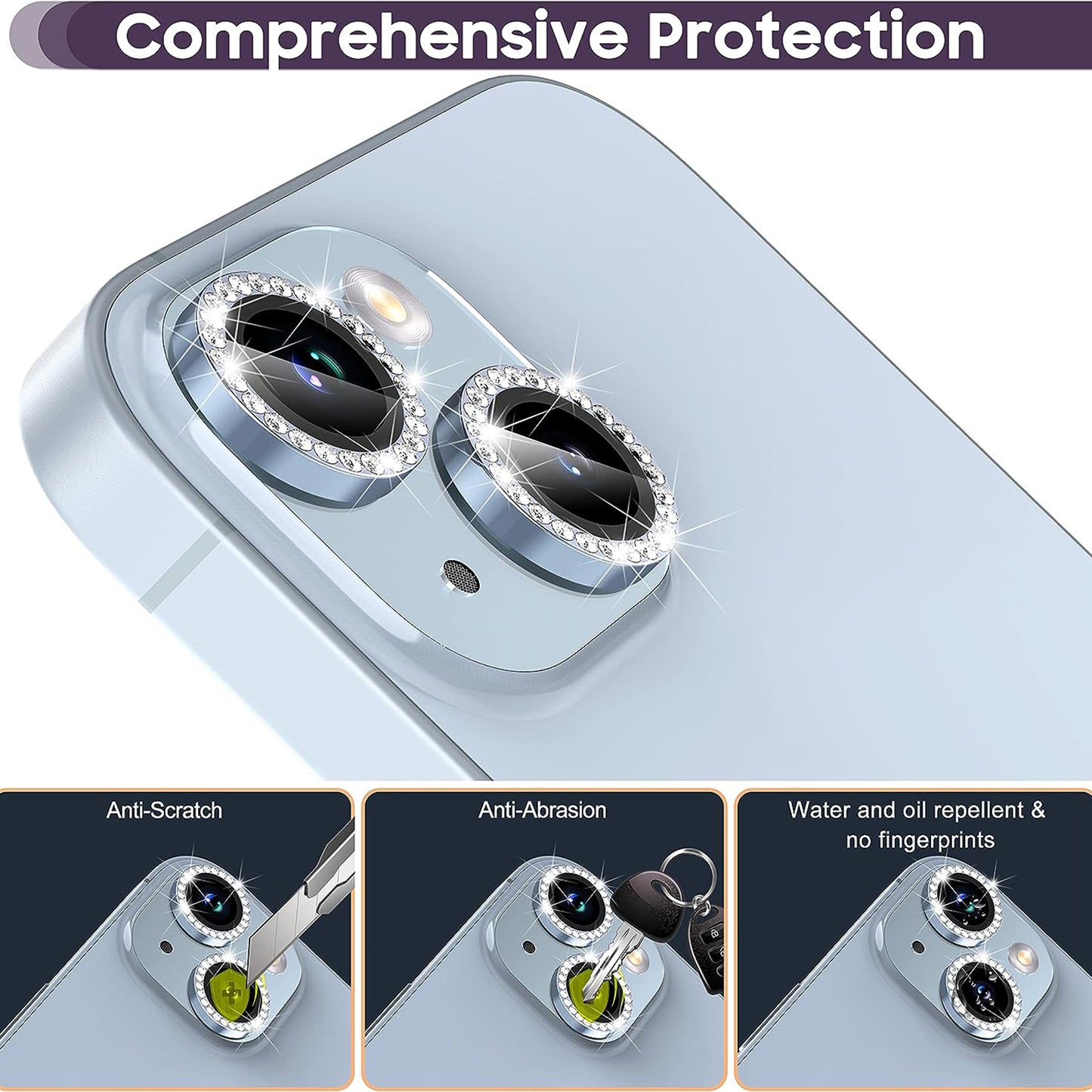 For iPhone 15 / 15 Plus Rhinestone Decor Camera Lens Protector Set Tempered Glass+Metal Ring Cover Lens Film