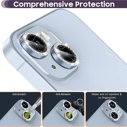 For iPhone 15 / 15 Plus Rhinestone Decor Camera Lens Protector Set Tempered Glass+Metal Ring Cover Lens Film